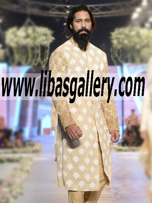 hsy beige color gold antique hand embellished wedding sherwani design for nikah barat mehndi groom custom made with pajama uk usa dubai saudi arabia